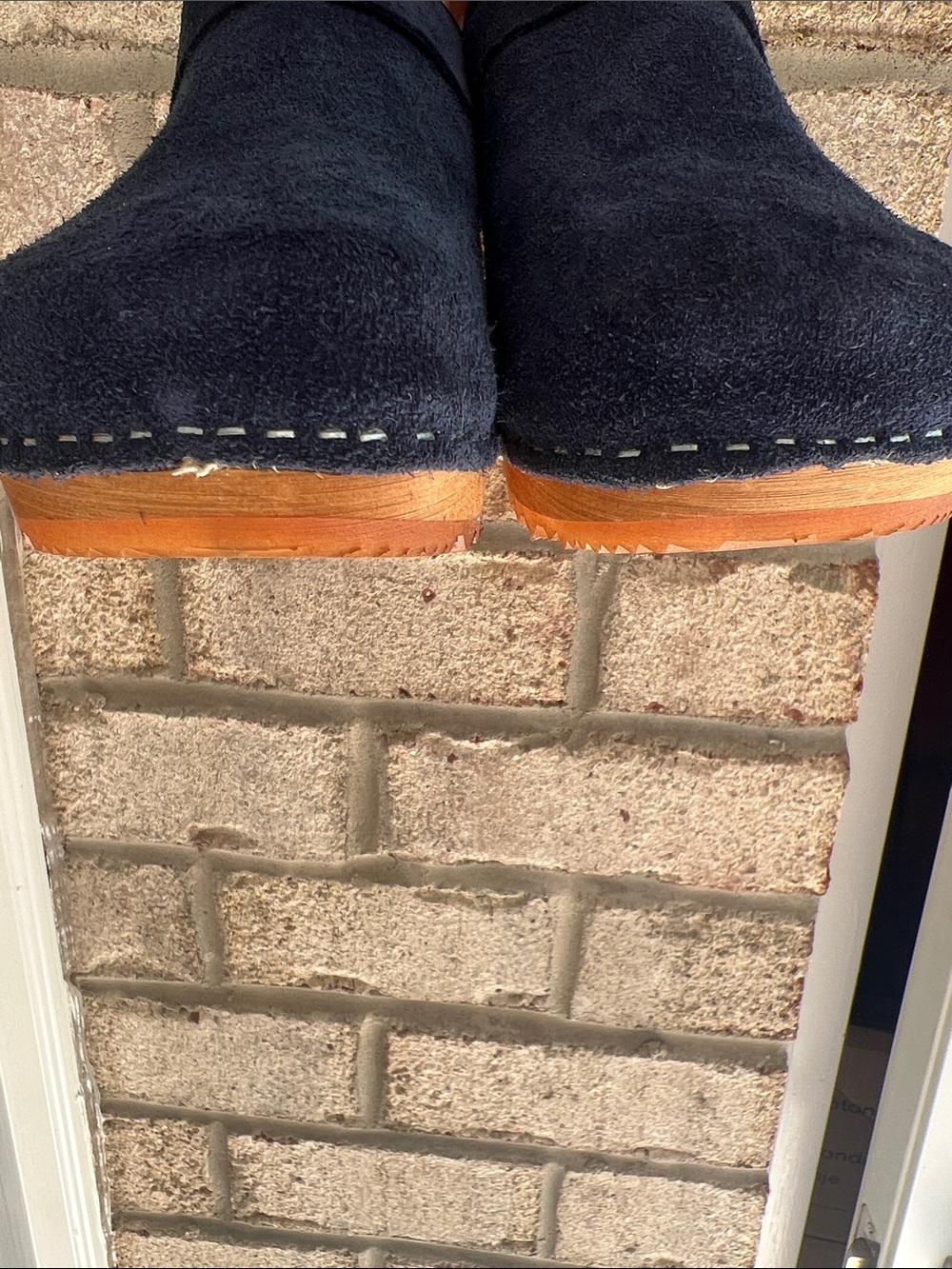 Navy Blue Suede Clogs Wooden Heels - Picture 4 of 8
